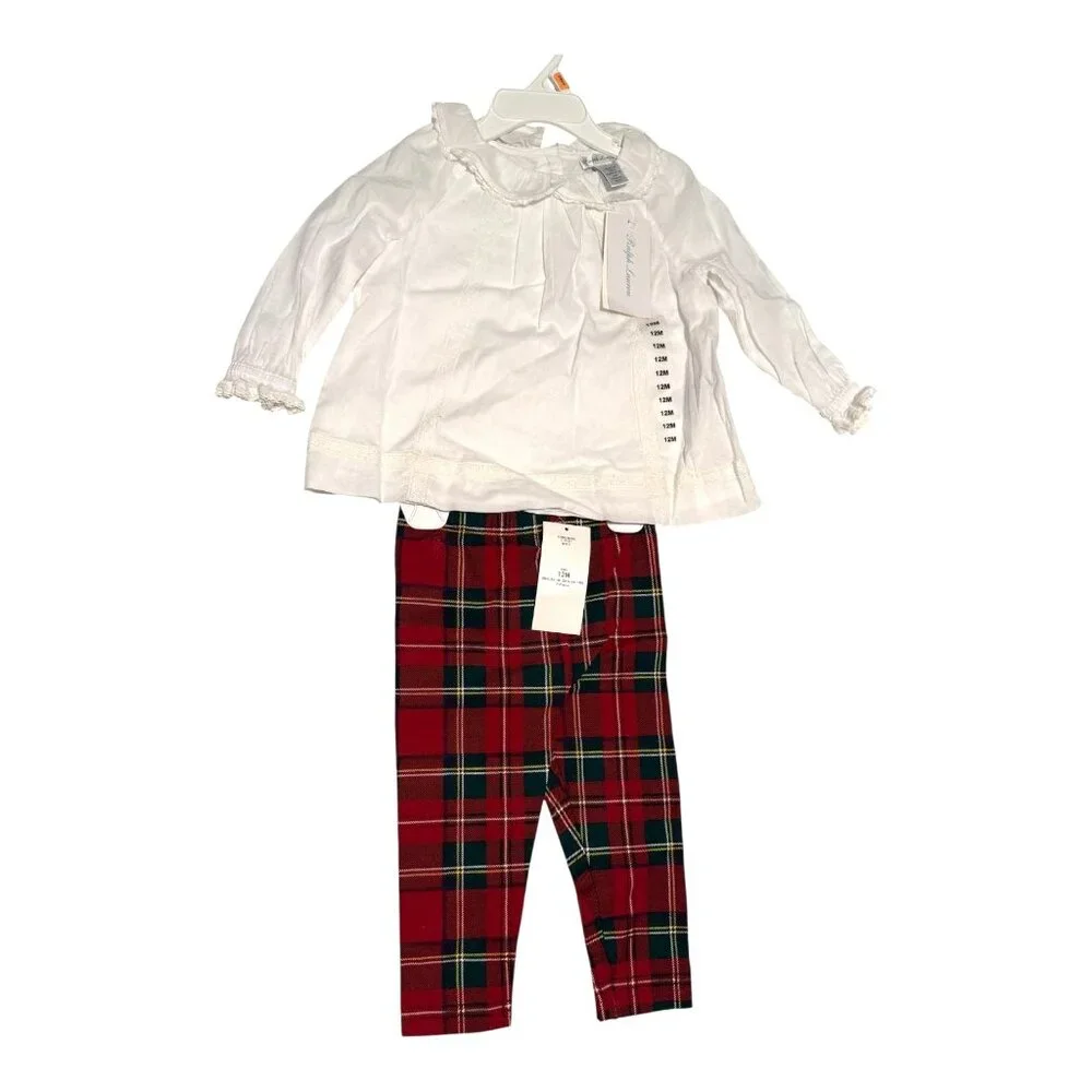 NWT Polo Ralph Lauren Baby Lace Trim Top Plaid Leggings Set Size 12M $75 [jb] - Picture 3 of 8